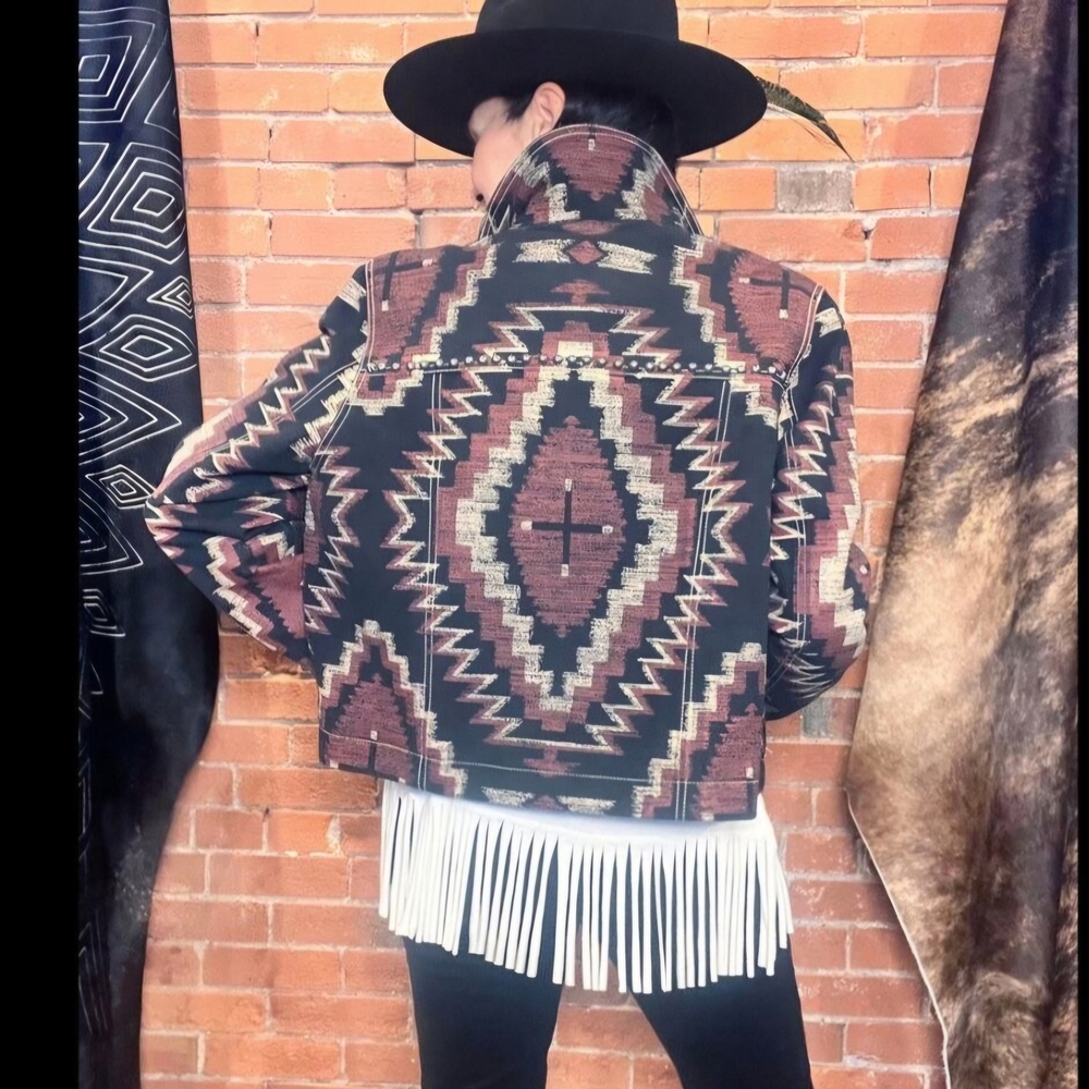 Double D Ranch Firemaker Black and Brown Geometric Leather Jacket - Picture 2 of 11